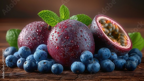  A macro image of a fruit resting atop a table, featuring blueberries closely in the foreground and a lush green leaf crowning the top
