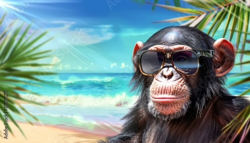 A monkey wearing sunglasses and glasses is standing in front of a beach by AI generated image