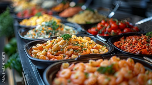 Assorted gourmet buffet with colorful pasta dishes and fresh vegetables. Italian food buffet in hotel restaurant 