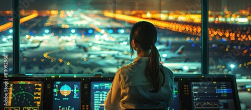 Woman working as air traffic controller in airport control tower, runway blur background.