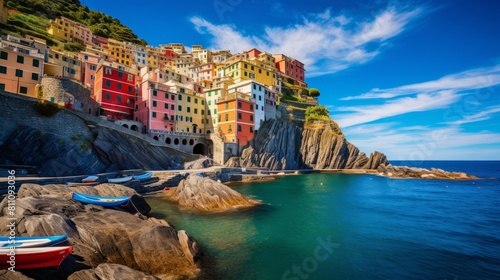 Peaceful fishing village riomaggiore cliffside colorful buildings cinque terre coast. Italian mediterranean europe