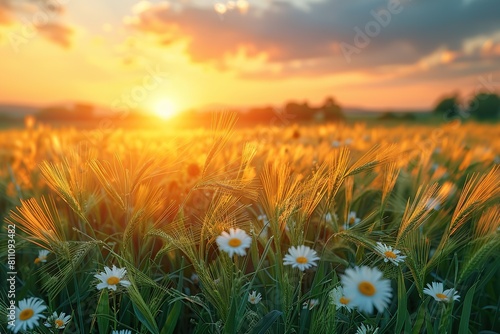 A picturesque wheat field strewn with delicate daisies against the backdrop of the setting sun. This stunning image is ideal for use in advertising, rural tourism, natural beauty or organic products