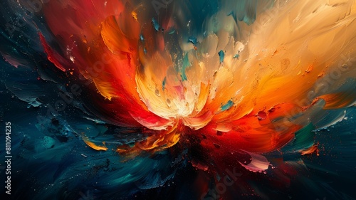 The image is an abstract painting. It is full of bright colors and energy. The painting seems to be a depiction of a supernova.