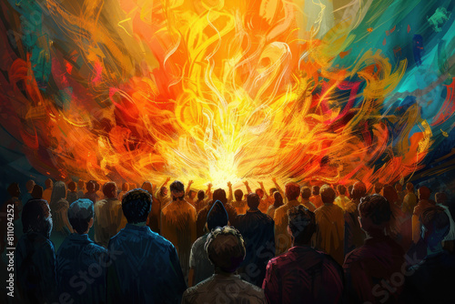 Flames Descending in Vibrant Illustration, Pentecost a Christian holiday, the descent of the Holy Spirit.