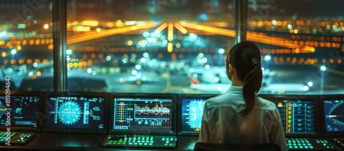 Woman working as air traffic controller in airport control tower on blurred background.
