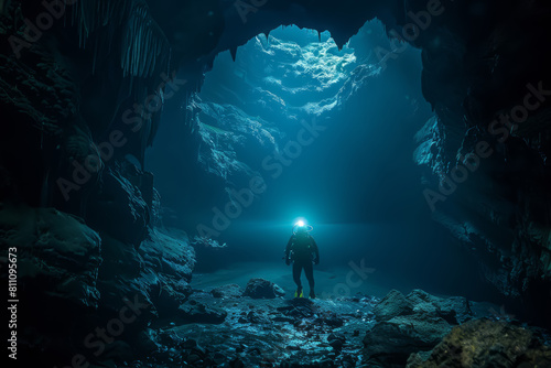 A man in a diving suit is standing in a cave with blue water