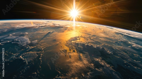 The earth is hit by sun rays at various angles with beams of sunlight directly facing the earth from the sun