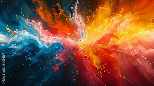 The image is an abstract painting. It has a bright and colorful background with a blue and orange color scheme. The painting is very fluid and looks like it is in motion.