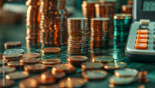 Strewn coins and a calculator on a table, depicting a money concept background. An abstract business photo of stacks of golden copper coins with a digital display on a dark grey glass desk surface, vi