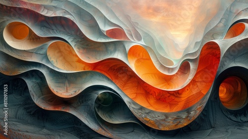 The image is an abstract painting with a variety of colors and shapes,background of waves
