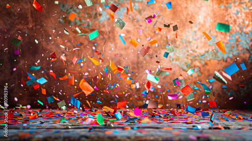 Colorful confetti rain on a rustic copper background, blending traditional celebration with a contemporary look in high definition.