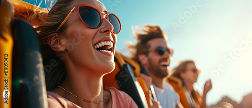 Close up of young emotional people on thrilling roller coaster ride at amusement park. Having fun, travel vacation. Facial expression. Generative ai 