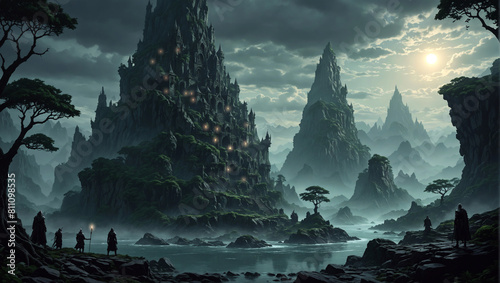 Expedition of adventurers discover a towering mountain city, epic dark fantasy scene, lost civilization in the valley, dark clouds, high detail, no AI artifacts, illustration