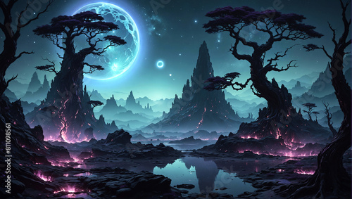Primordial earth after creation, purple flames and trees, blue moon and planets are visible, astral realm, fantasy illustration, high detail, no AI artifacts