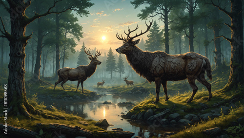Woodland guardian spirits, deers with mystical tattoos, calm sunset in the forest, Slavic folklore, fantasy illustration, high detail, no AI artifacts