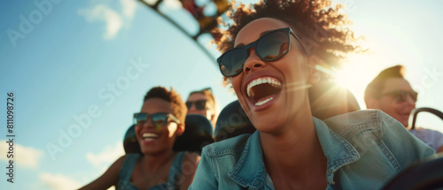 Close up of young emotional people on thrilling roller coaster ride at amusement park. Having fun, travel vacation. Facial expression. Generative ai
