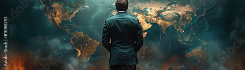 A businessman stands in front of a world map, looking at the world's major cities