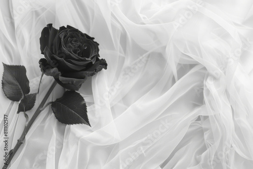 Black rose on white fabric creates a poignant backdrop for expressing sympathy and condolence messages during times of mourning