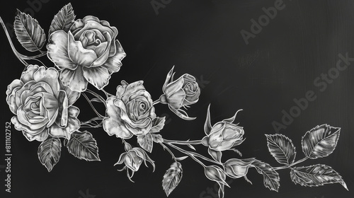 Monochrome hand-drawn floral illustration of roses on a chalkboard, evoking somber emotions suitable for funeral condolences and memorials