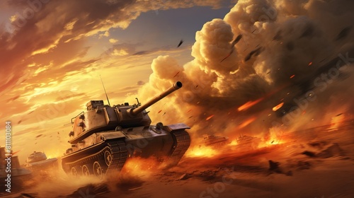 Actionpacked scene with a war tank aiming its turret as a fighter jet maneuvers dramatically in the cloudfilled background