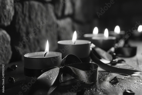 Somber funeral background featuring burning candles with a black condolence ribbon amidst scattered petals on a textured surface