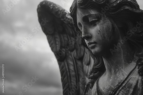 Close-up of a sorrowful angel statue against a cloudy sky, symbolizing mourning and remembrance in a funeral or condolence setting