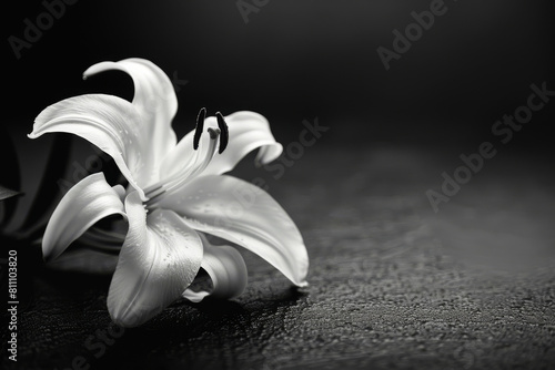Black and white image of a single lily with delicate water droplets, conveying solemnity and respect suitable for funeral condolences