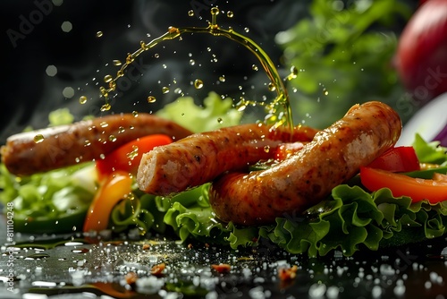 Mouthwatering hotdog sausages, expertly cooked and kept warm, topped with crisp lettuce, ripe tomatoes, aromatic onions, and vibrant peppers