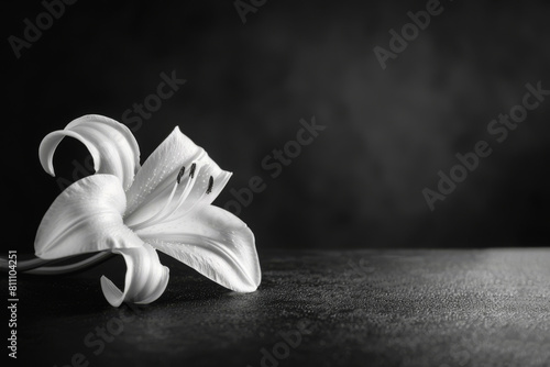 Single white lily lies gracefully against a somber dark backdrop, symbolizing purity and peace for funeral condolence messages