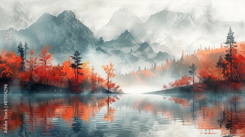 The image shows a beautiful mountain landscape with a lake in the foreground