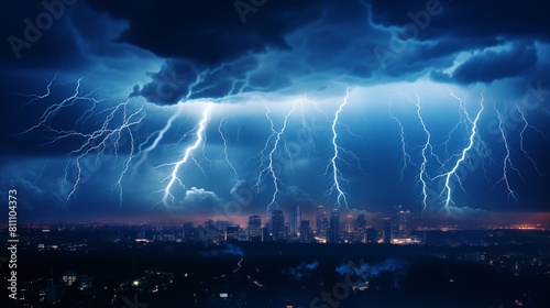 An electrifying thunderstorm over a city at night with multiple lightning strikes illuminating the sky