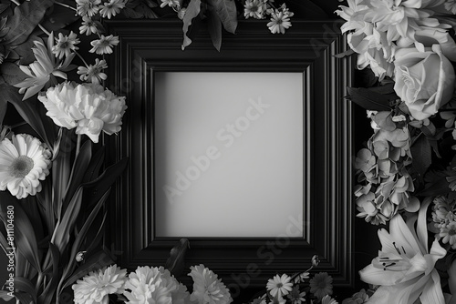 Elegant black mourning frame surrounded by white sympathy flowers on a dark background, symbolizing remembrance and condolence
