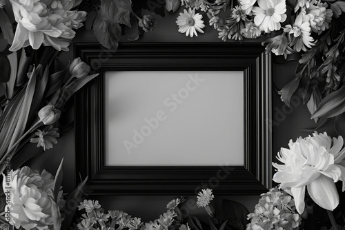 Somber funeral background featuring a dark frame surrounded by a variety of condolence flowers in grayscale tones, symbolizing mourning