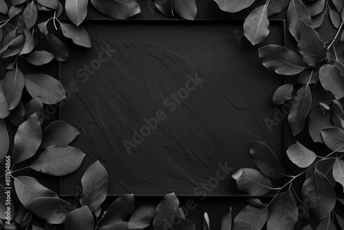 Elegant funeral condolences background featuring a dark, textured surface framed by delicate black leaves for a somber and respectful appearance