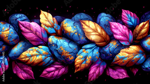 A colorful leafy border with blue, pink, and yellow leaves