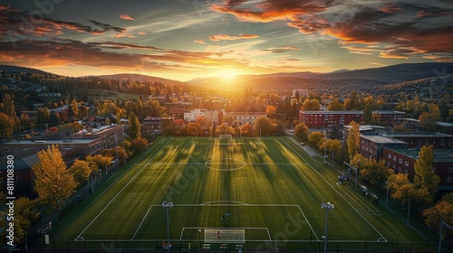 Aerial view of a soccer field bathed in sunlight, with lush green grass and neatly drawn white boundary lines