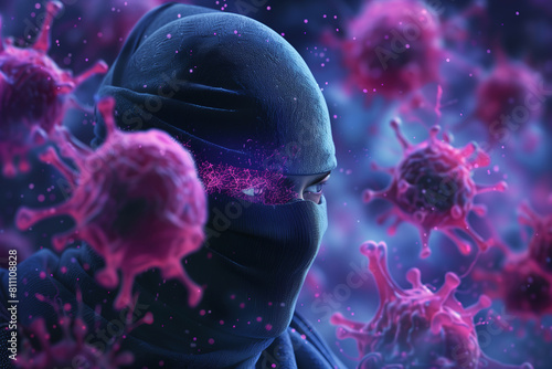 Ninja warrior amidst floating viruses