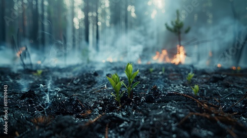 A close-up photo of a recently extinguished forest fire. Focus on the charred remains of trees, wisps of smoke rising from the embers