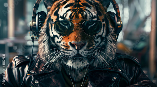 Tiger wearing headphones