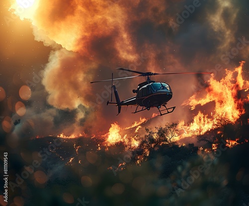 A close-up photo of a recently extinguished forest fire. Focus on Firefighting Aircraft Helicopters and airplanes equipped with water tanks or fire retardant systems are used to drop water or fire