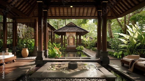 Tropical garden with wooden house in Bali, Indonesia.