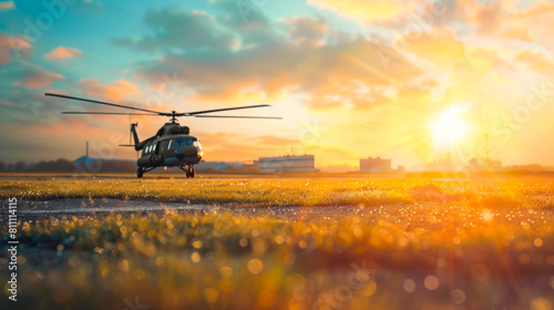 Airfield Scene with a Military Helicopter in Soft Focus 
