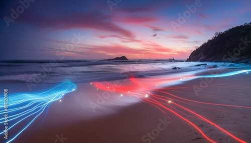 Photographie de plage de nuit éclairé par le courant d’air coloré