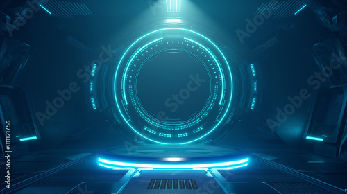 Podium background 3D light tech stage future platform game abstract. Podium 3D background technology room product circle glow effect portal stand studio blue scene design ring modern display space