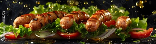 Delectable hotdog sausages, expertly grilled and kept warm, adorned with crisp lettuce, juicy tomatoes, tangy onions, and zesty peppers for a culinary delight