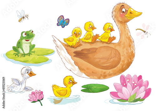 Ugly duckling. Fairy tale. Coloring page. Coloring book. Illustration for children. Cute and funny cartoon characters