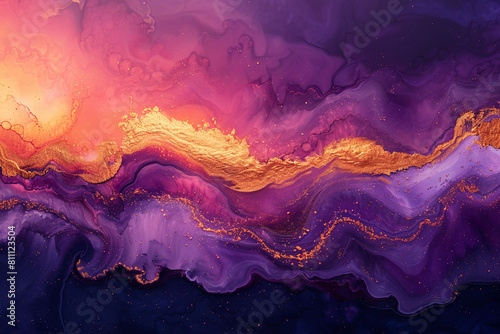 Create an image that features an abstract fluid art design. The artwork should have a sunset-inspired palette of coral pink, dusk purple, and amber, enriched by gold leaf highlights. The composition s