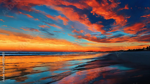 Watercolor california beach sunset, abstract 16:9 with copyspace