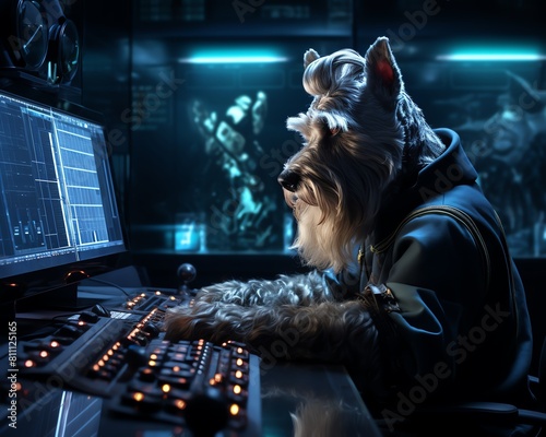 A Schnauzer in a digital command center playing chess, with multiple screens showing different angles and strategies