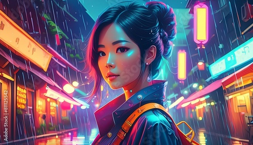Portrait einer jungen asiatischen Frau bei nächtlichem Regen und Neonlichtern in einer asiatischen Stadt.